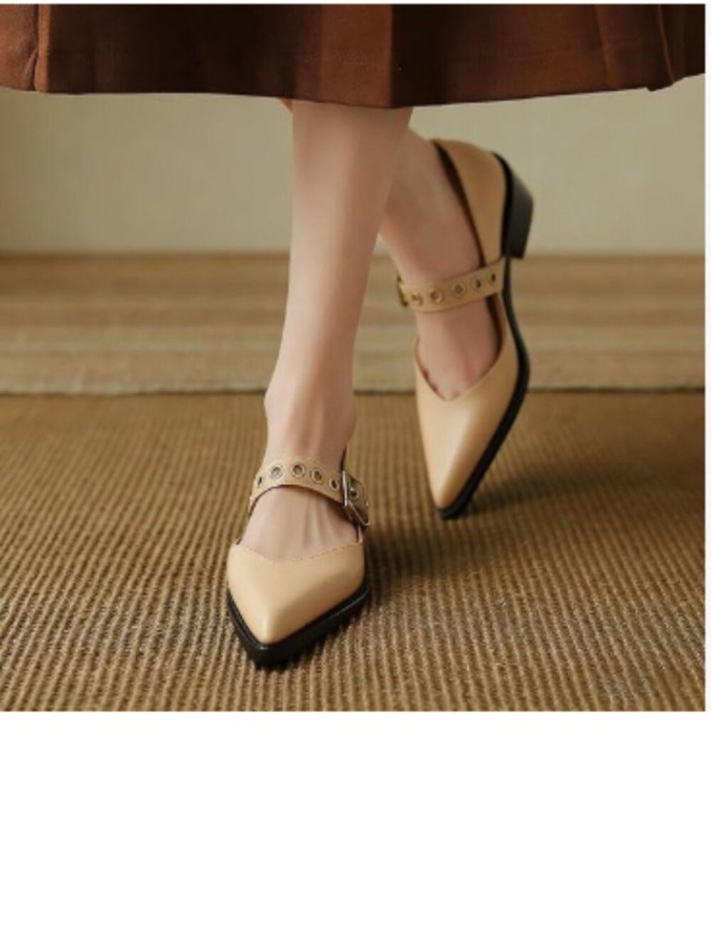 YDN Beige Pointed Toe Mary Jane Chunky Heels Loafers Hollow Buckle Pump Party